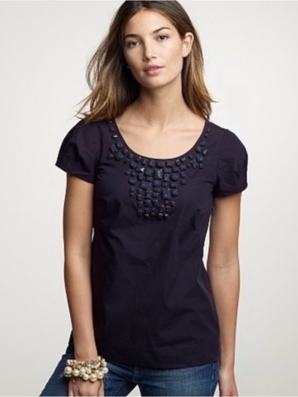 J.Crew Women's Bijou Jewel Embellished Top in Navy Blue 100% Cotton